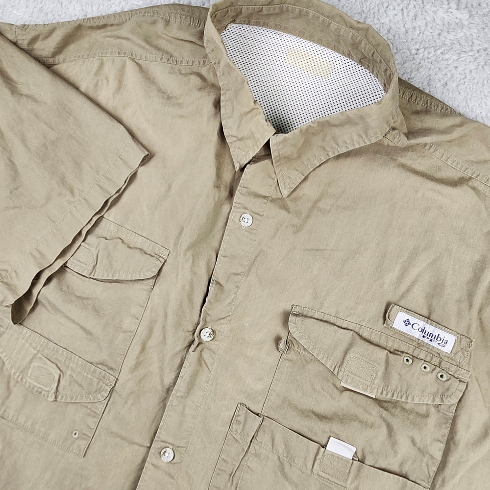 Columbia PFG Shirt Mens‎ 2XL Tan Cotton Short Sleeve Vented Fishing Button Up